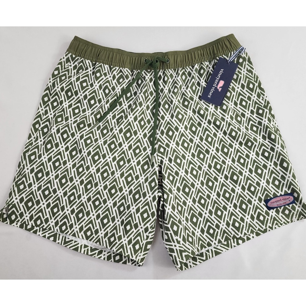 Vineyard Vines Mens Swim Trunks Shorts Medium M Green White Geometric Pockets